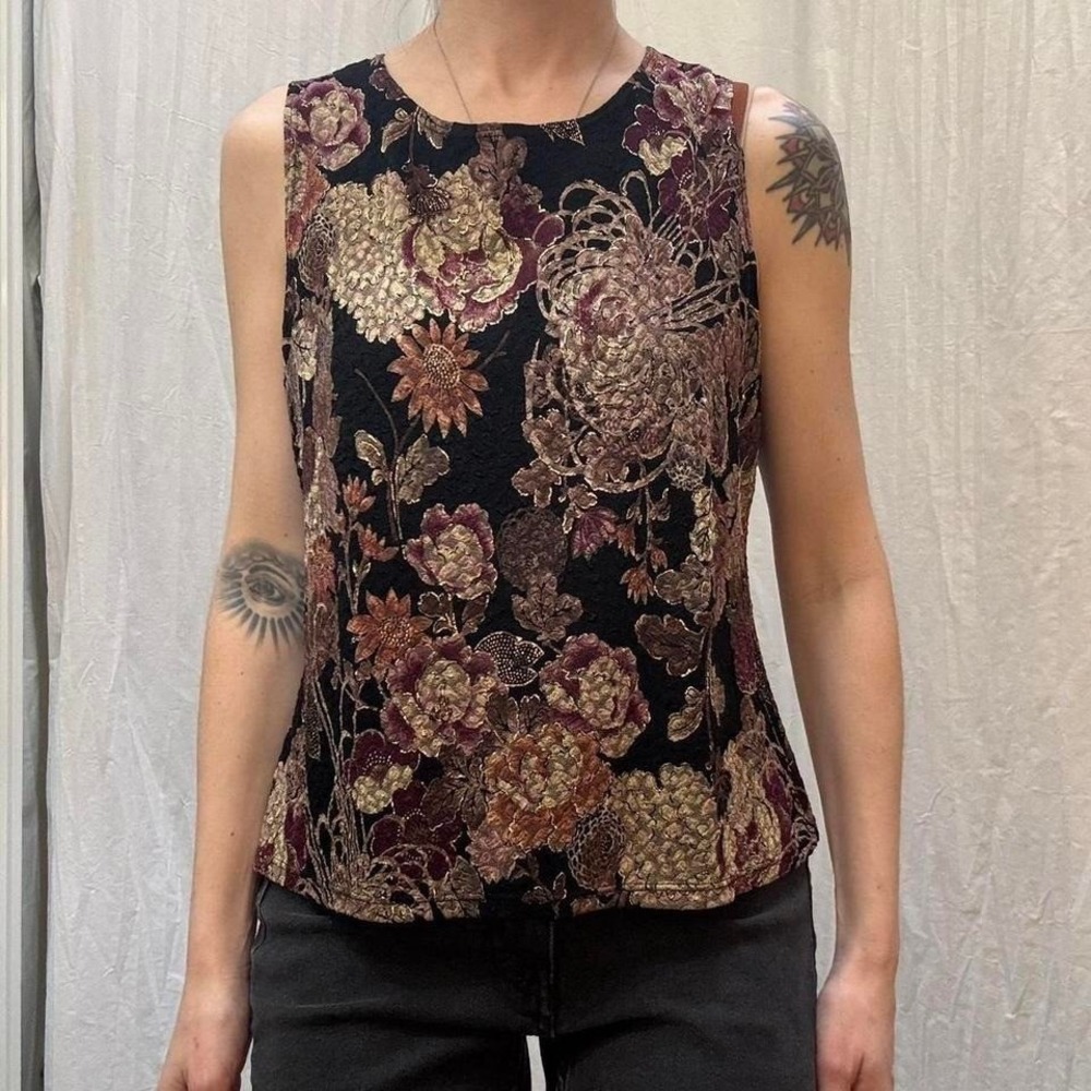 Burgundy and Gold Floral Print Tank Top Sleeveless Blouse VTG 90s MSK Whimsygoth